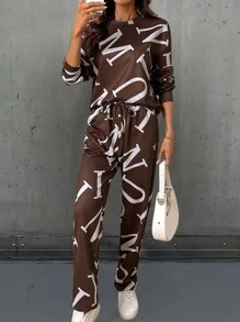 SHEIN LUNE 2 pièces Ensemble de femmes décontracté automne/hiver avec sweat-shirt à capuche imprimé lettres bicolore et pantalon de survêtement long