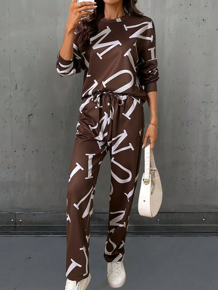 SHEIN LUNE 2 pièces Ensemble de femmes décontracté automne/hiver avec sweat-shirt à capuche imprimé lettres bicolore et pantalon de survêtement long