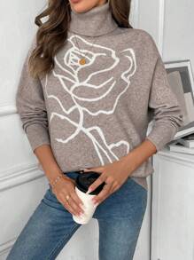 SHEIN LUNE 女士高领休闲印花针织套头衫秋冬款 - 駝色 - 查看 3