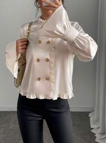 SHEIN Unity Solid Color Elegant Commuter Long Sleeve Shirt With Double-Breasted Frill Trim Fall Cloth For Women - Champagne - View 6