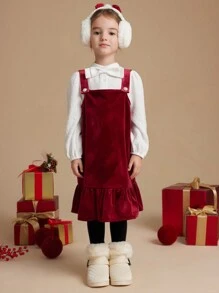 PrepCrw Bộ 2 món áo cánh dệt cổ bẻ phong cách đại học cho bé gái, cổ nơ và váy, mùa thu/đông, thích hợp cho Giáng sinh - Đỏ - Xem 6