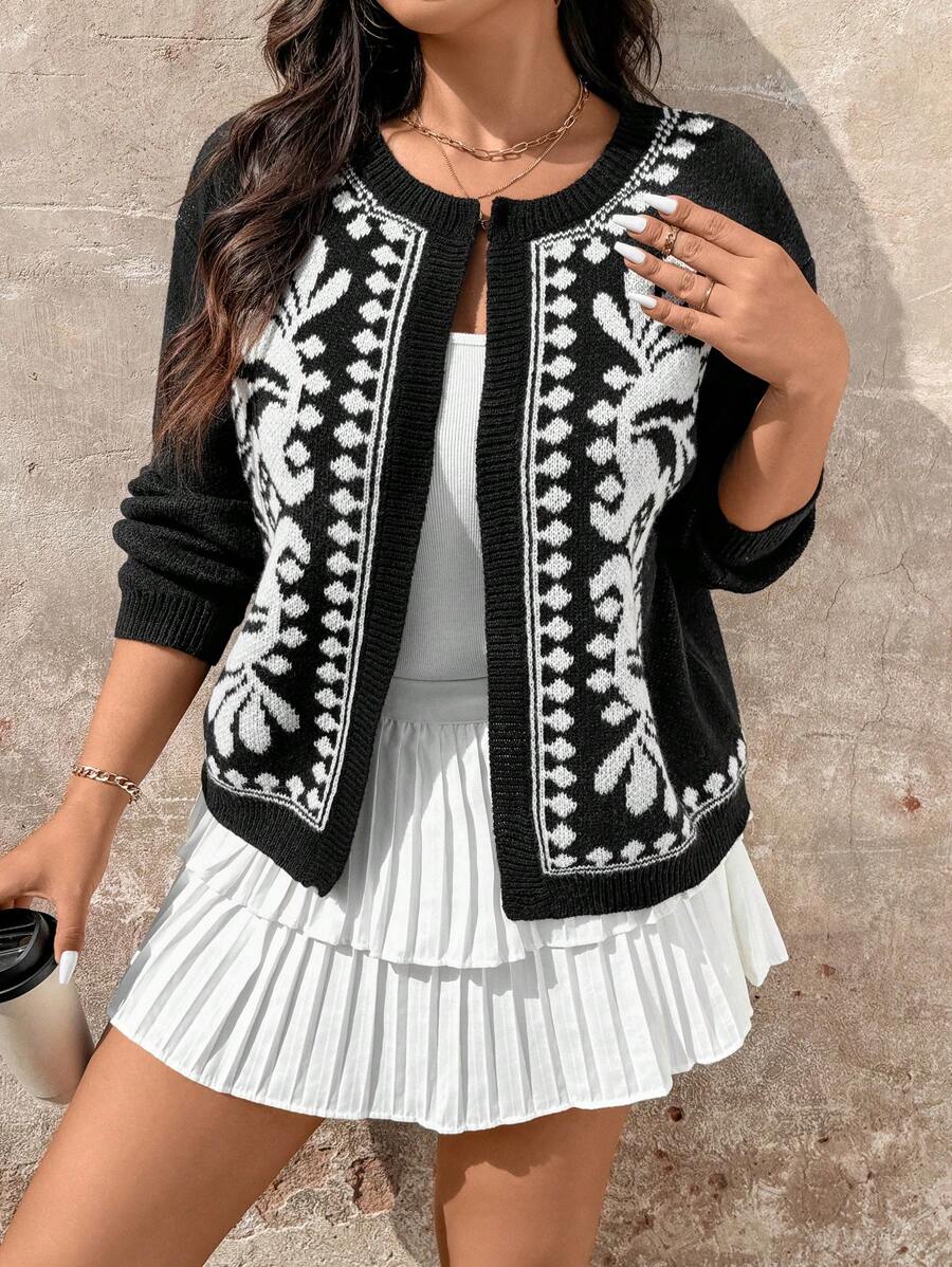 SHEIN LUNE Plus Size Women Geometric Pattern Drop Shoulder Long Sleeve Casual Knit Cardigan, Autumn/Winter - Black - View 1