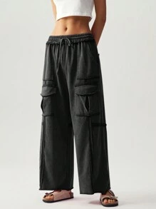 Bohemela Pantalones anchos de mujer de unicolor de punto con bolsillos para vacaciones informales