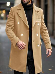 Manfinity Homme Áo khoác nam trơn màu đơn giản cài hai hàng khuy, Thu/Đông - Màu Khaki - Xem 6