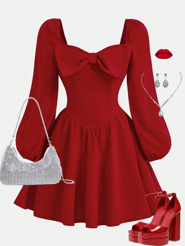 Girlism Teen Girls' Red Big Bowknot Waist A-Line Short Dress Clothes, Long Sleeve, Elegant Vintage, Suitable For Party, Christmas, New Year Ball, Winter