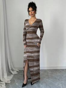 Modelyn Camouflage Ombre Bodycon V-Neck Dress Maxi Women Outfit Long Evening Dresses Fall Cloth For Women - Coffee - View 3