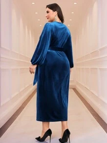 Modelyn Plus Size Solid Color Tie Front Long Sleeve Minimalist Long Dress, Casual For Everyday Wear Long Evening Dresses - Blue - View 2
