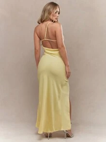 MISSGUIDED Vestido largo asimétrico con un solo tirante, abertura lateral y espalda descubierta - Amarillo - Ver 2