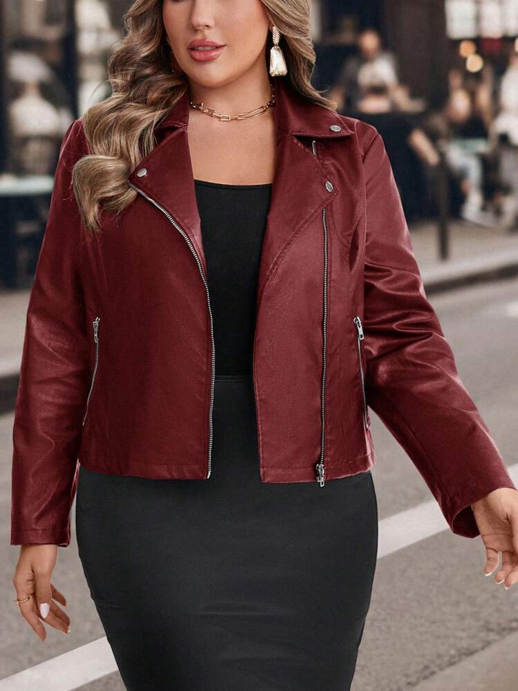 SHEIN Clasi 大码女式秋冬 PU 皮革摩托车夹克，带金属拉链装饰 - 酒紅色 - 查看 9