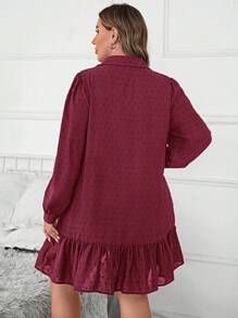 SHEIN Clasi 大码女式秋季提花灯笼袖衬衫罩衫连衣裙/返校连衣裙、教师连衣裙 - 酒紅色 - 查看 2
