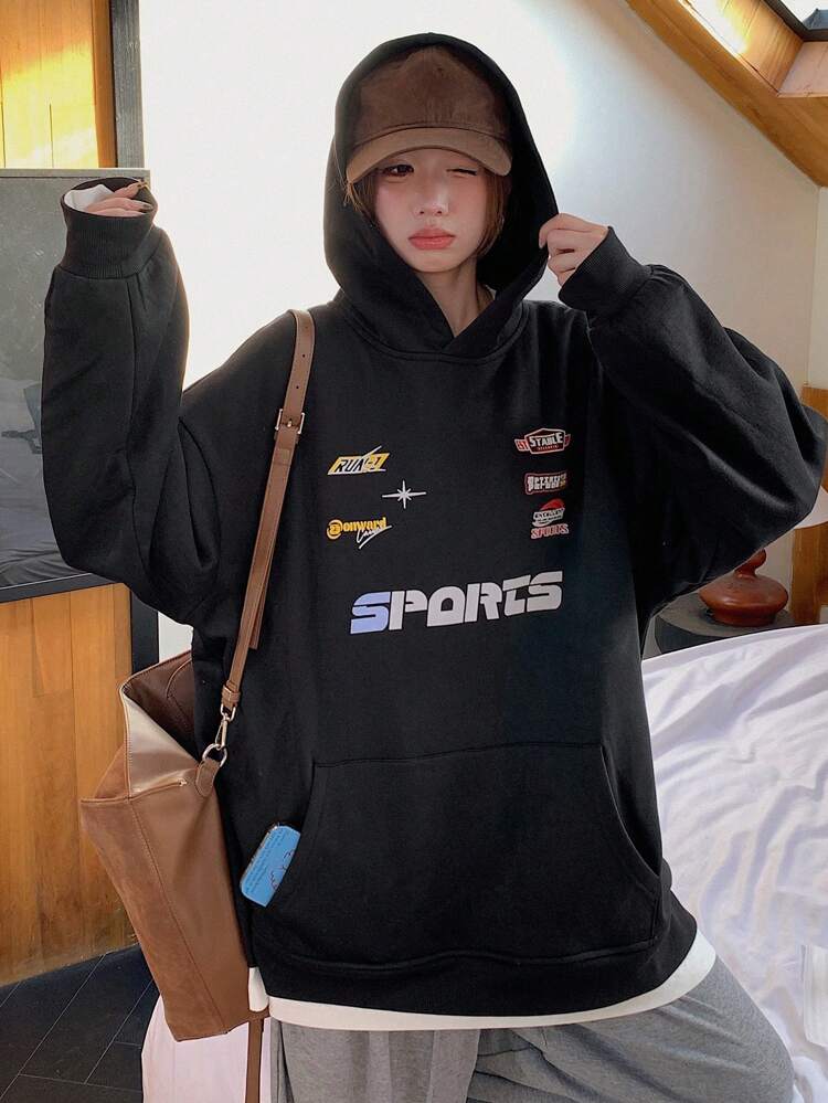 Women's Knitted Hoodie With Letter Print,Fall Clothes Sweatshirt