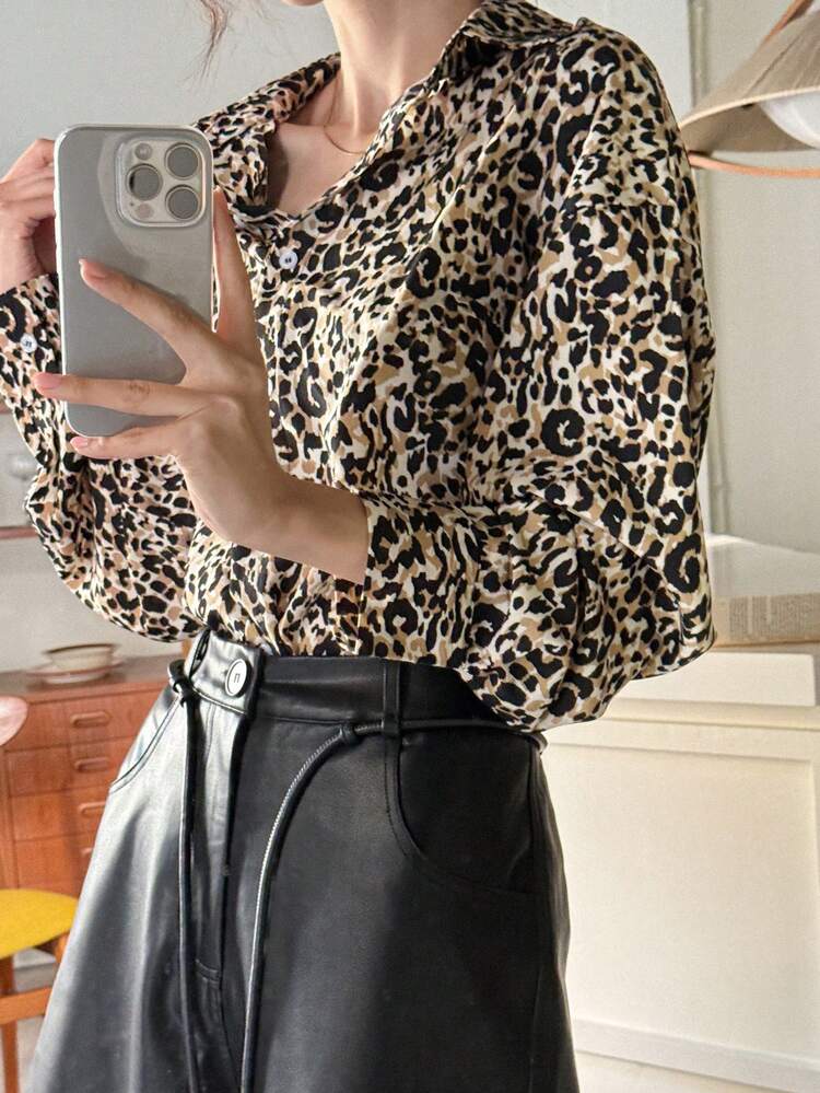 Autumn New Style Loose Casual Women Blouse Cheetah Print Leopard Print Long Sleeve