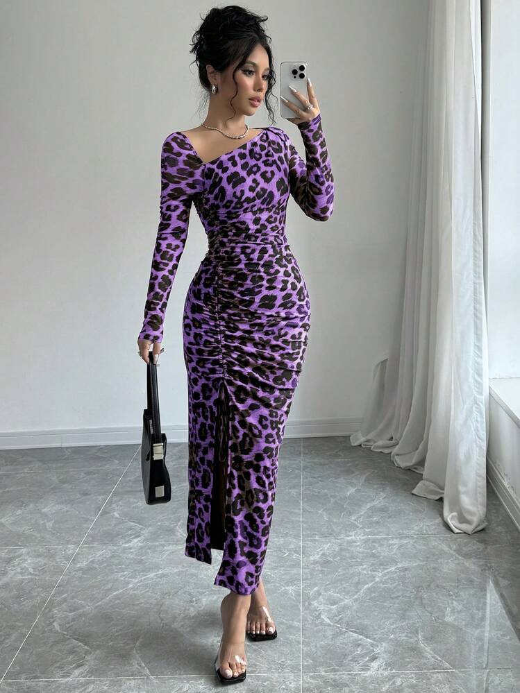 leopard asymmetric hem long sleeve plunge satin maxi dress SHEIN Unity Women's Print Mesh Asymmetrical Neckline Cinched Waist Ruched Elegant Elevate your wardrobe with yvonne A-Line Homecoming Dresses Size:8 US / 41 EU