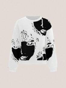 SHEIN Unity Suéter de punto casual con bloque de color y estampado de rostro para otoño/invierno - Blanco - Ver 1