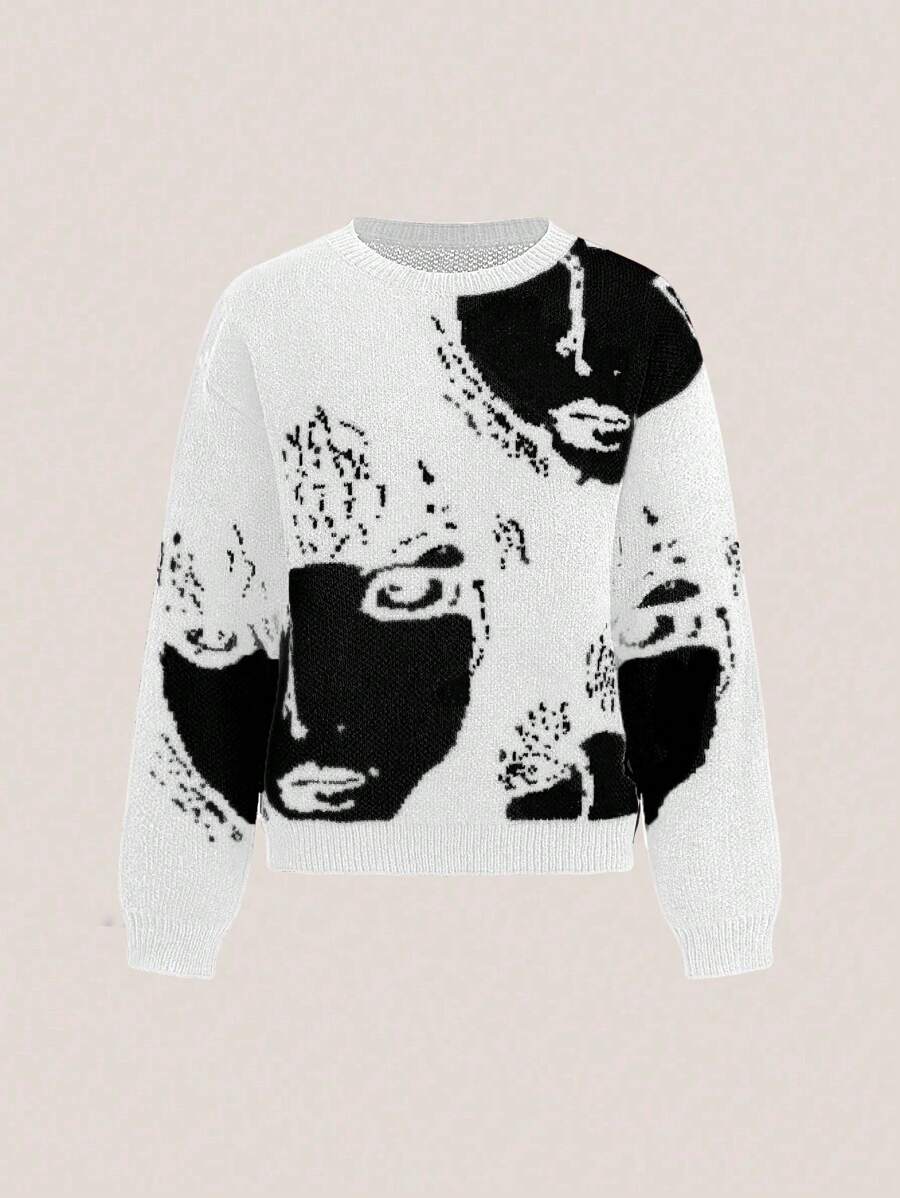 SHEIN Unity Suéter de punto casual con bloque de color y estampado de rostro para otoño/invierno - Blanco - Ver 1