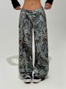 SHEIN Unity Quần Cargo cạp thấp in hình lá mùa đông cho nữ - màu xanh lá - Xem 1