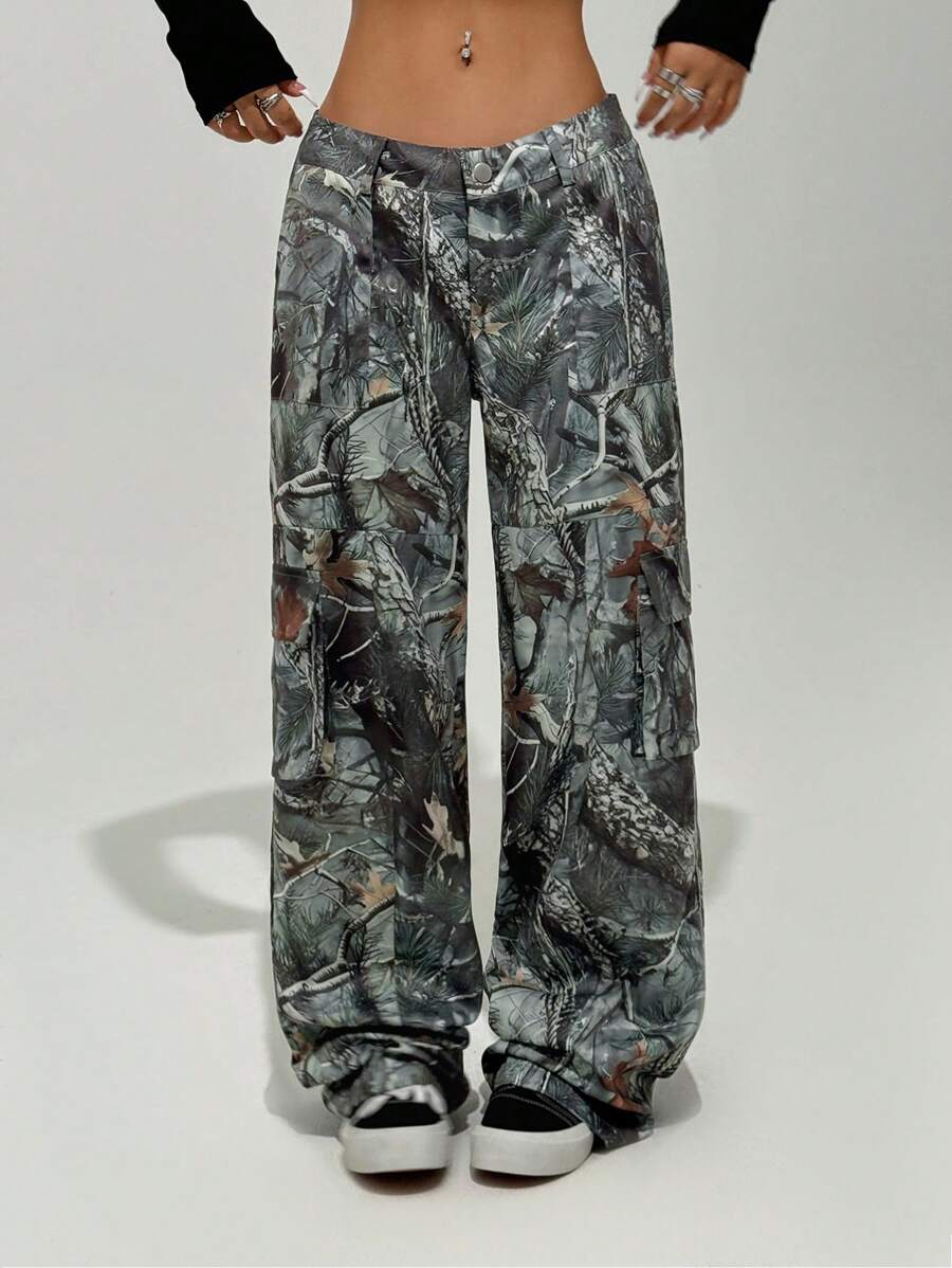 SHEIN Unity Quần Cargo cạp thấp in hình lá mùa đông cho nữ - màu xanh lá - Xem 1