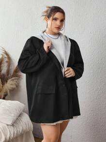 SHEIN CURVE+ Plus Size Retro Casual Hooded Blazer - Black - View 5