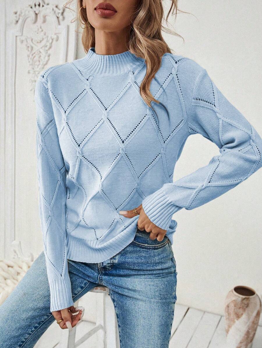 EMERY ROSE Women Solid Color Stand Collar Long Sleeve Fitted Pullover Sweater, Autumn & Winter Knit Pullover Fall - Baby Blue - View 1