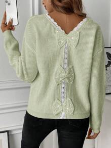 SHEIN LUNE V-hals kant patchwork strik decor casual all-match lange mouw pullover trui