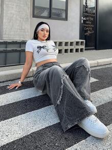 Flirla Washed Patchwork Leopard Print Wide Leg Jeans, Streetwear Y2K Style - Grey - View 5