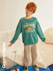 Bộ 2 món áo nỉ dài tay cổ tròn trễ vai in khẩu hiệu dành cho bé trai tuổi mới lớn, mùa thu - Nhiều màu - Xem 5