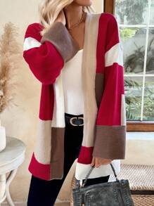 EMERY ROSE Women's Casual Multi-Color Block Knit Cardigan, Autumn/Winter