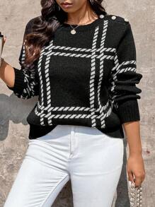 SHEIN Clasi Suéter de cuello redondo con botones de metal de manga larga para mujer de talla grande, elegante para uso diario, clásico casual en negro, para uso casual, otoño/invierno, ropa de trabajo, vestido de invitada de boda de otoño