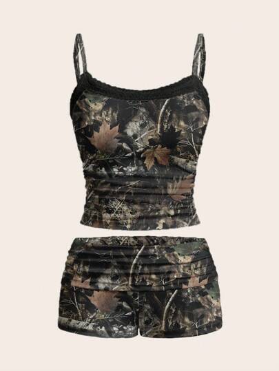 SHEIN EZwear 2pcs/Set Women Branch Camouflage Lace Trim Ruched Cami Top And Shorts