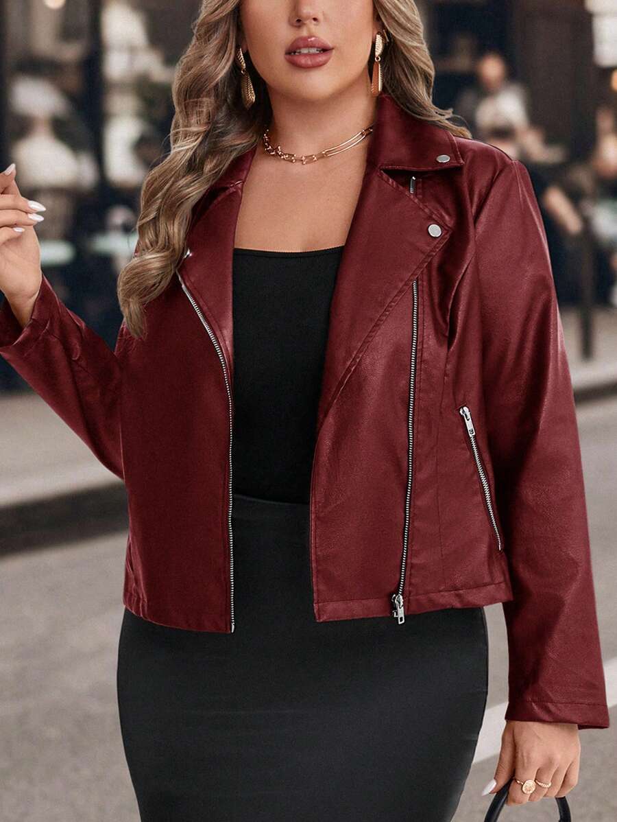 SHEIN Clasi Plus Size Women Autumn/Winter PU Leather Motorcycle Jacket With Metal Zipper Decor - Burgundy - View 1