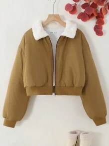 SHEIN Chaqueta casual acolchada de peluche con cuello de color contrastante, versátil para el invierno, para chicas adolescentes - Marrón - Ver 5