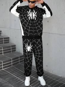 Manfinity LEGND Men Spider Web Print Zip-Up Hoodie And Drawstring Pants Set, Fall Clothes - Multicolor - View 5