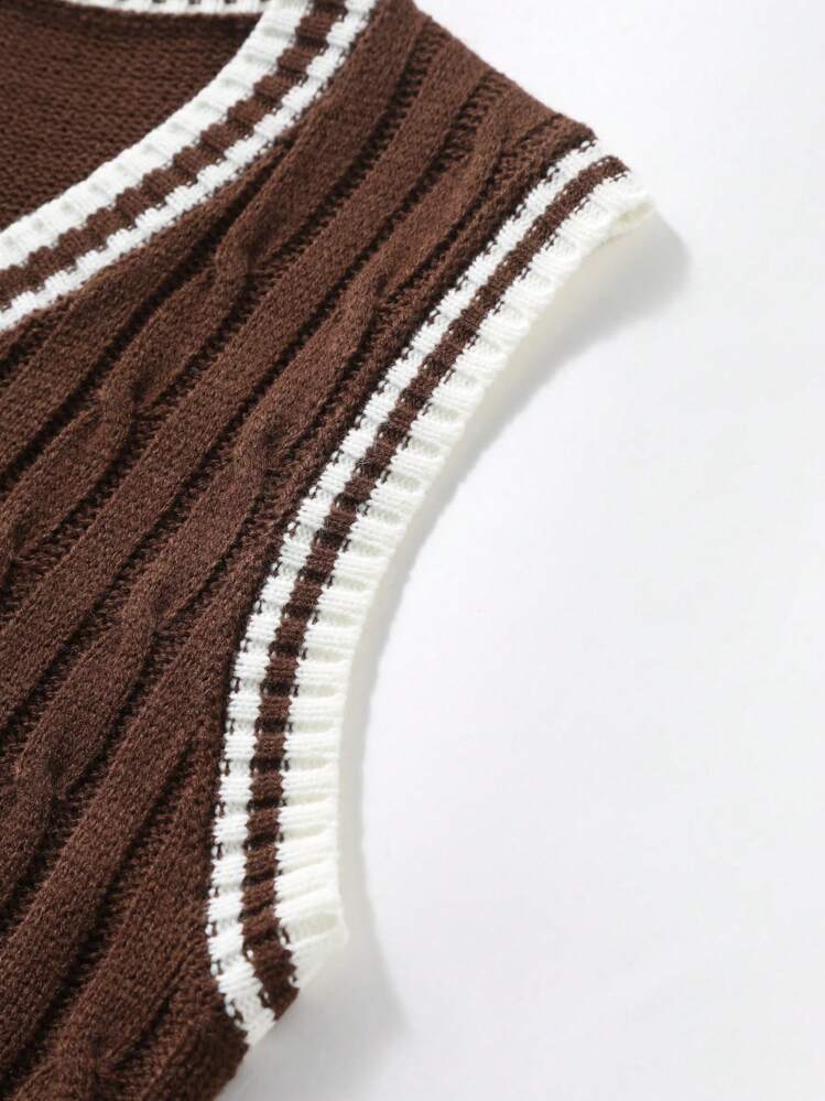 Claim Dot Colete de Malha Casual com Decote em V e Acabamento em Contraste para Homens, Tamanho Padrão, para Outono e Inverno - Castanho - Visão 3