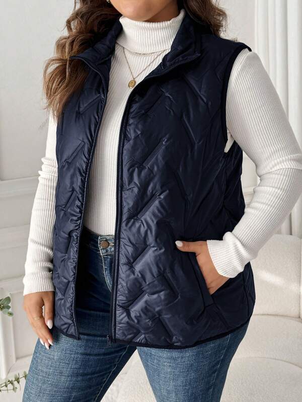 SHEIN LUNE Plus Size Solid Color Front Zip Sleeveless Pocket Casual Padded Coat, Daily Wear, For Winter