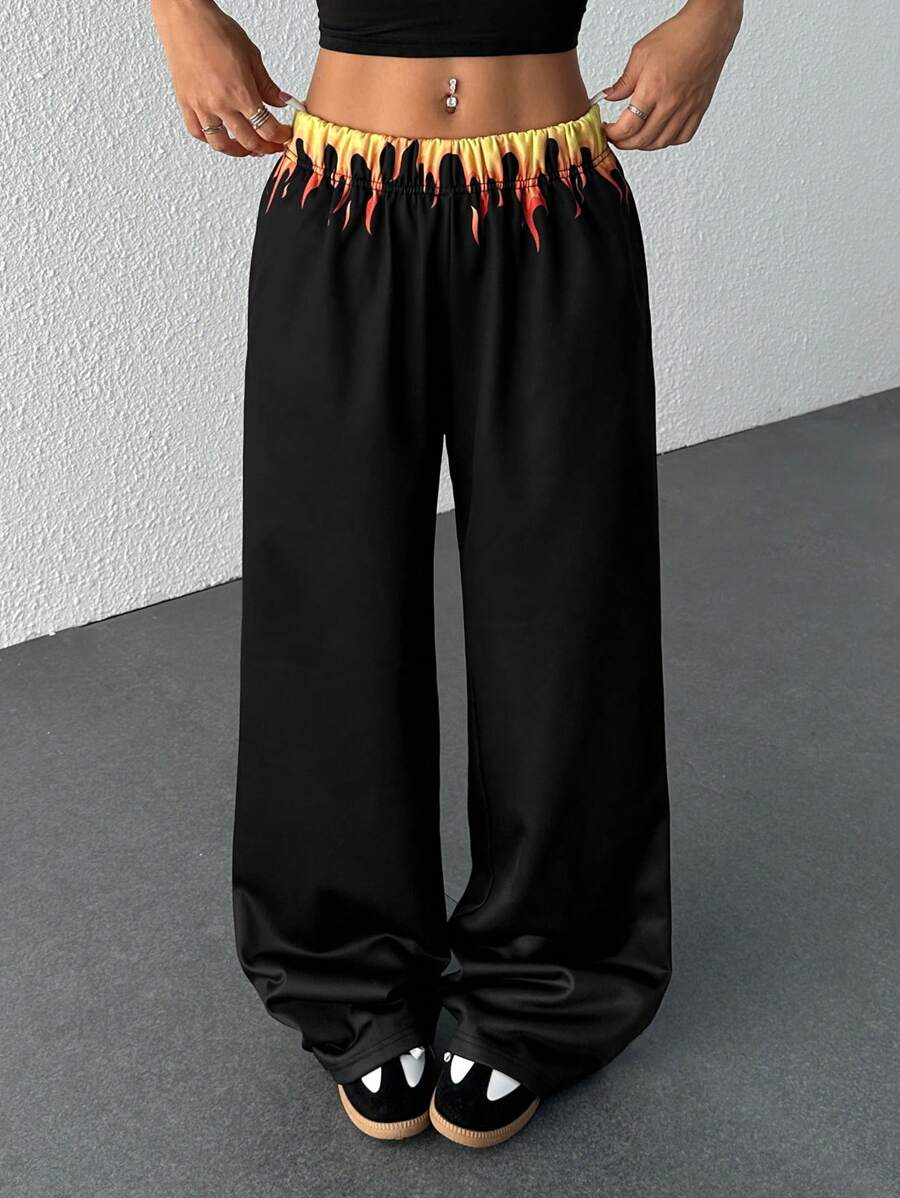 SHEIN EZwear 女士火焰图案运动裤，休闲时尚，适合日常穿着 - 黑色 - 查看 1