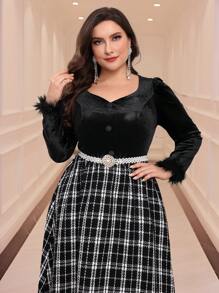 Modelyn 大码女式格子拼接毛绒袖口优雅 A 字中长连衣裙，秋季