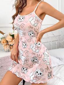 Dream Adore Đầm ngủ dây mảnh/Đồ ngủ họa tiết mèo và nơ đáng yêu cho nữ - Màu Hồng baby - Xem 6
