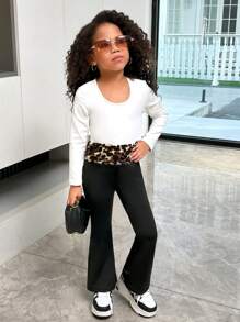 SHEIN Young Girl Cute Slayr Leopard Print Patchwork Elastic Waist Leggings - Black - View 4