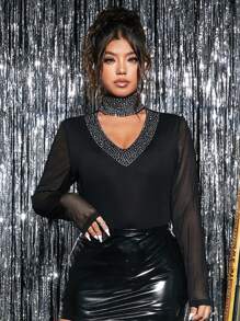 SHEIN Unity Plus Size V-Neck Mesh Contrast Rhinestone Decor T-Shirt, Casual Daily Wear Graphic Tees Women Tops
