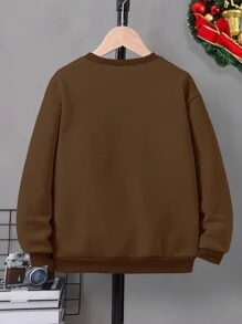 Christmas Family Matching Outfits, Young Boys Thermal Lined Round Neck Sweatshirt, Christmas Themed Graphic Prints Include Santa, Christmas Tree, Snowflake, Candy Cane, Star, Bell, Casual Warm - Brown - View 2