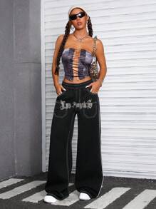SHEIN ICON Jeans anchos de pierna ancha casuales con estampado de letras en el bolsillo, estilo Y2K streetwear para mujer