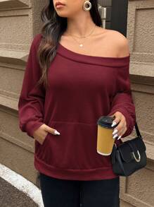 SHEIN Frenchy 大码纯色露肩长袖简约运动衫，休闲日常穿着，机场 - 酒紅色 - 查看 6