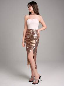 SHEIN 适合少女的闪亮拼布荷叶边侧开衩下摆露肩连衣裙