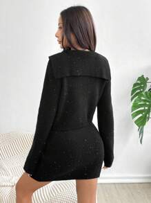 Flirla 2 Teile Damen gestricktes Set: Kapuzen-Crop-Top mit Langen Ärmeln & Bodycon-Rock - Schwarz - Übersicht 2