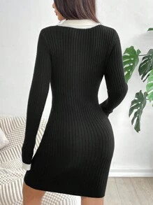 Flirla Váy bó tay dài cổ polo màu đơn giản SHEINSweetro-D dành cho bé gái - Đen và trắng - Xem 2