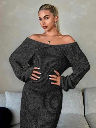 Roylia Vestido largo casual de manga larga y hombros descubiertos para mujer