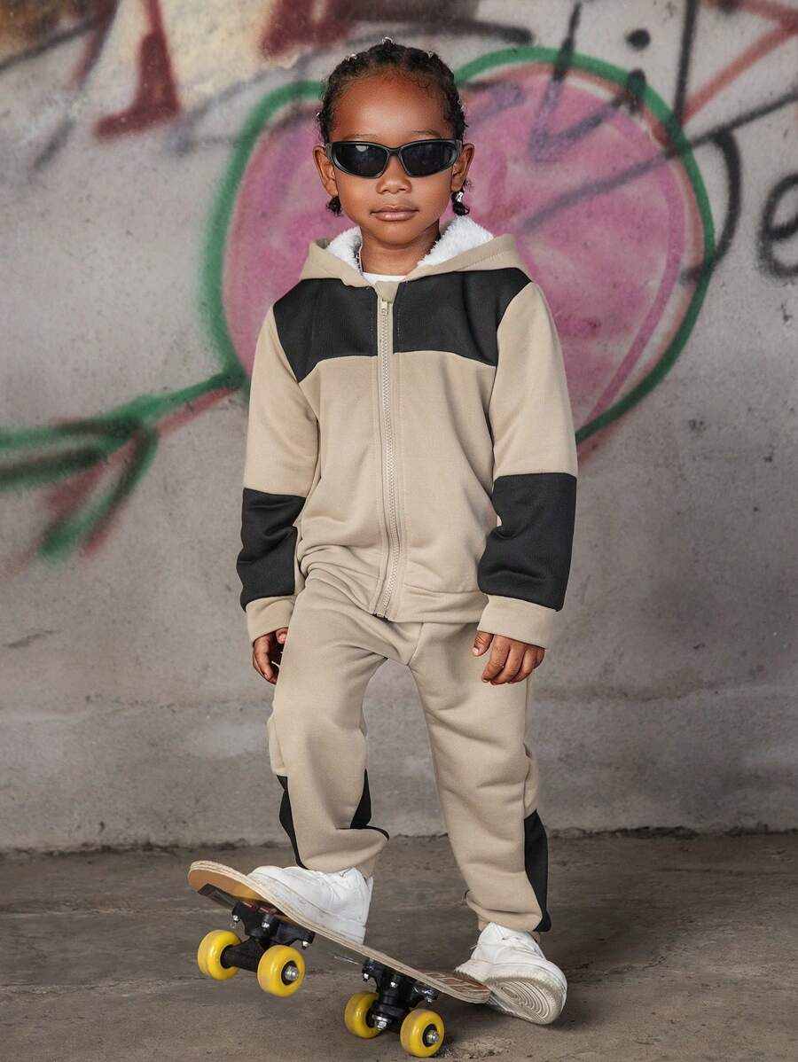 Young Boy Solid Color Splicing Front Zipper Long Sleeve Hoodie And Pants Casual Suit - Multicolor - View 1