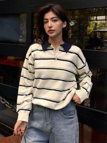 DAZY 女款拼色条纹宽松高领长袖毛衣 - 杏色 - 查看 8