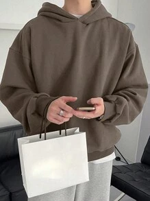 DAZY Men's Casual Dropped Shoulder Plain Hooded Sweatshirt, Autumn - Brown - View 3