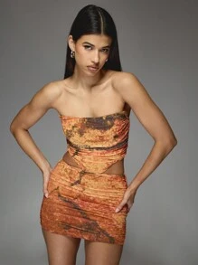 MISSGUIDED Marble Print Mesh Corset Bandeau Top And Ruched Bodycon Mini Skirt Two Piece Co Ord Set - Multicolor - View 4